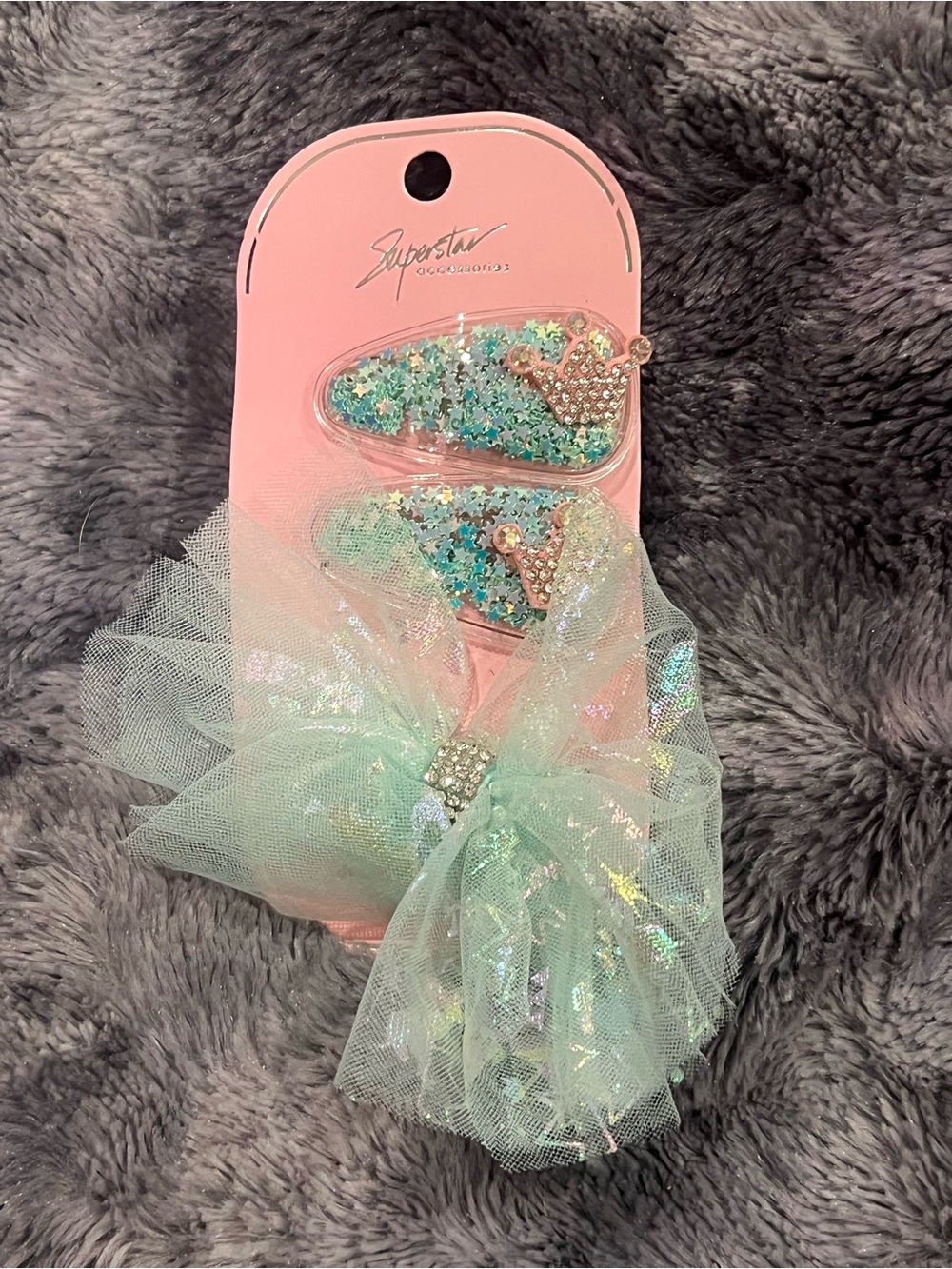 Teal Glitter Crown Hair Clips with Teal Tulle Bow
